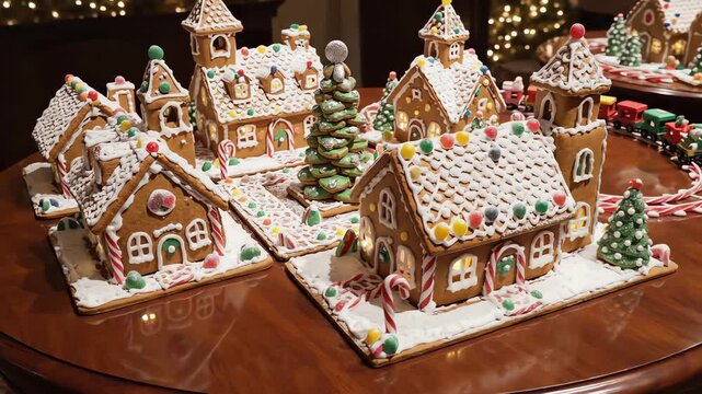 High angle rotating aerial view of a festive miniature Christmas gingerbread houses village display meticulously arranged on a smooth polished mahogany surface view, polished, winter