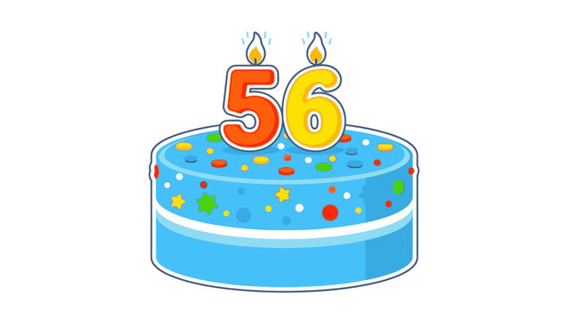A blue cartoon birthday cake with colorful sprinkles and the number 56 on top with flames, against a clean white background.