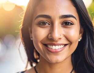 Portrait of a smiling woman with a nose ring, sunlight in the background