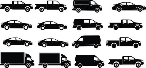 Black silhouette set of various commercial vehicles including pickup trucks delivery vans box trucks and sedan cars for logistics and transportation © Ajmira