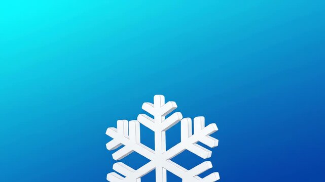 Minimalist graphic representation of a perfectly geometric white snowflake rotating while falling against a clean cyan blue wash gradient presentation, modern, abstract