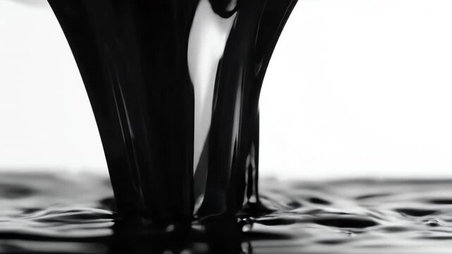 Minimalist high contrast scene showing a single stream of glossy black chemical fluid flowing smoothly down an illuminated white background highkey, controlledflow, science