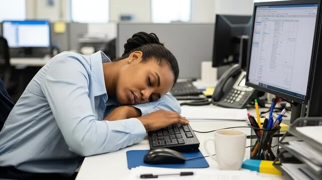 Overworked Female Employee Experiencing Fatigue at Corporate Desk in Modern Office Environment