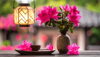 Vibrant pink azalea flowers in a vase on a rustic table with a lantern