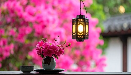 Serene garden table setting with lantern and pink azalea flowers
