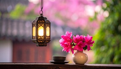 Serene garden scene with lantern, flowers, and tea