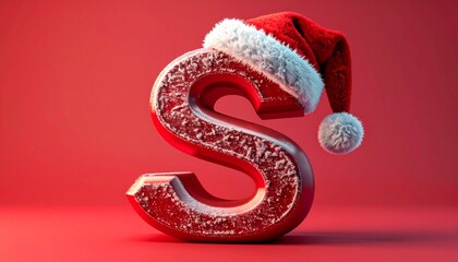Snowy letter S wearing Santa hat on red background