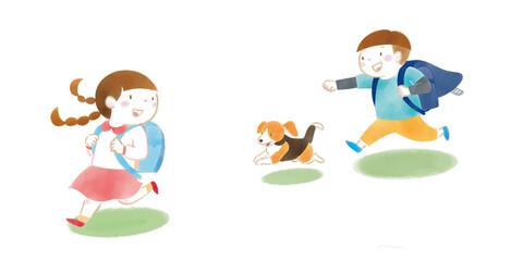 Fototapeta premium ランドセルを背負って走る子どもと犬