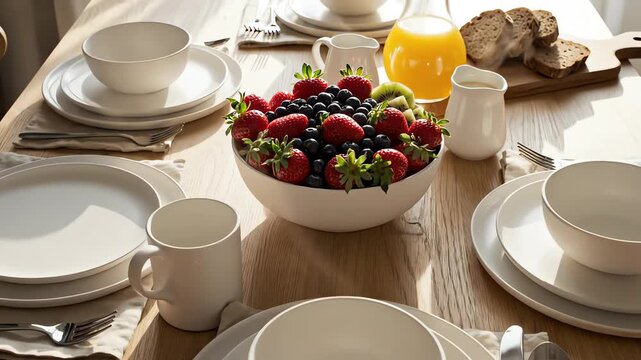 Minimalist top-down aerial view of a clean Scandinavian style breakfast table set with simple white ceramic dishes silverware and a bowl of fresh seasonal fruit in soft morning light simple