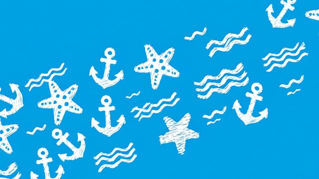 Minimalist vector line scribble animation showing simple geometric shapes representing starfish, waves, and anchors floating across a bright cyan background sea elements, creative, minimalism