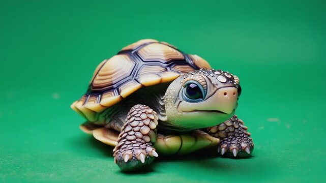 Cute turtle toy with colorful shell and big eyes on green background