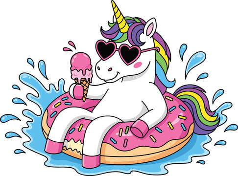 Cute cartoon unicorn relaxing on donut float eating ice cream colorful fantasy summer illustration