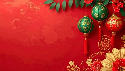 Vibrant Chinese New Year decorations with red and green lanterns