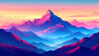 Vibrant mountain landscape with colorful sunset and majestic peaks