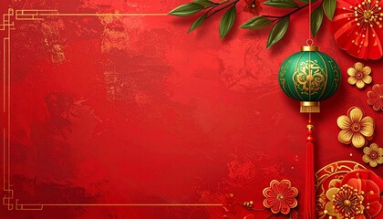 Vibrant Chinese New Year background with green lantern and gold flowers