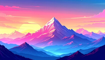 Vibrant mountain landscape with colorful sunset and snow-capped peak