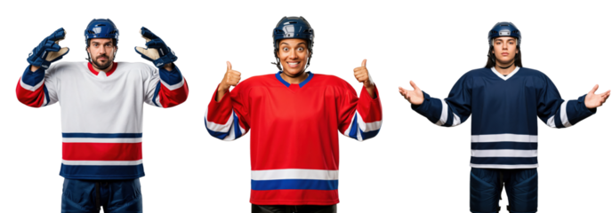 Three Hockey Players in Action-Ready Poses, Showcasing Team Spirit and Uniform Colors