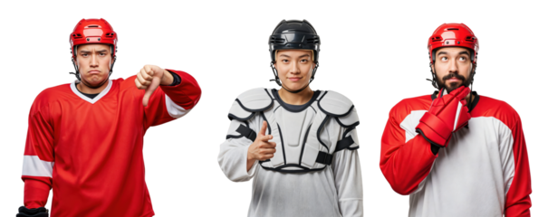 Three Male Hockey Players Expressing Emotions in Sports Uniforms on transparent background