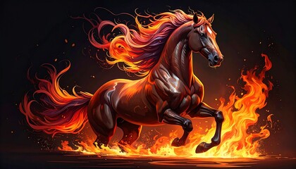 Majestic horse runs through vibrant flames with fiery mane