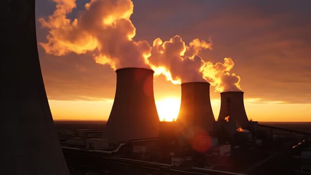 Moody cinematic dolly shot gliding past the dark concrete silhouettes of huge power station cooling towers during golden hour sunset with thick steam vividly illuminated global energy, dusk, abstract