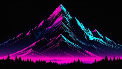 Vibrant neon mountain landscape with pink and blue hues