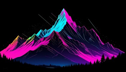 Vibrant neon mountain landscape with colorful peaks at night