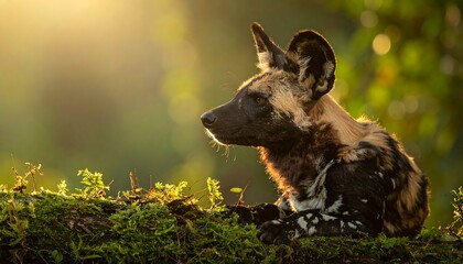 A wild canine rests on a mossy log, facing left, illuminated by soft golden sunlight in a verdant, natural setting