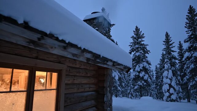 Moody cinematic slow pan across the rough wooden siding of a cozy forest cabin, capturing the thick layer of freshly fallen snow on the roof under the dark, quiet winter sky cabin exterior