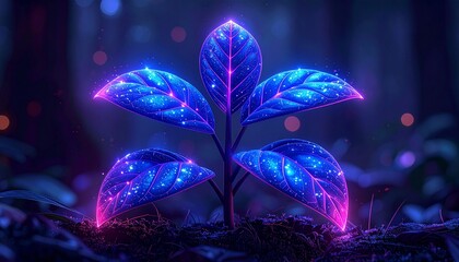 Glowing neon plant with vibrant blue and pink leaves growing in soil