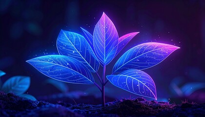 Vibrant glowing plant with neon blue and pink leaves growing in dark soil