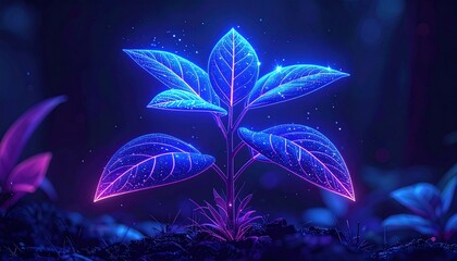 Vibrant neon plant glowing in dark futuristic garden setting