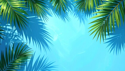 Vibrant palm leaves against bright blue tropical background