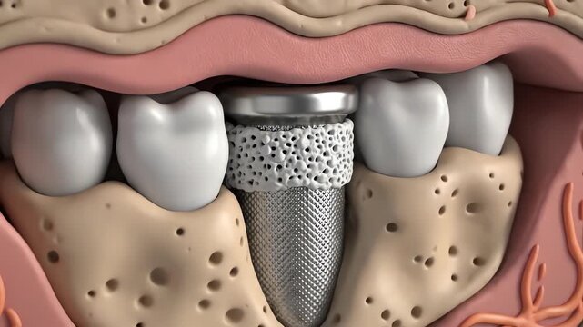 Motion graphic schematic visualization demonstrating the successful biological process of osseointegration between the metal implant post and the simulated jaw tissue simulated, internal, growth