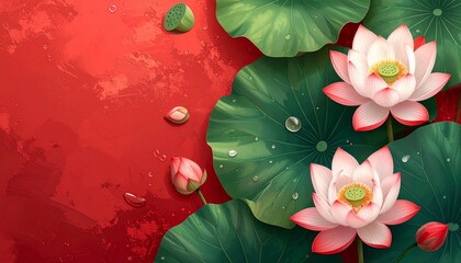 Vibrant pink lotus flowers on green leaves with water drops on red background