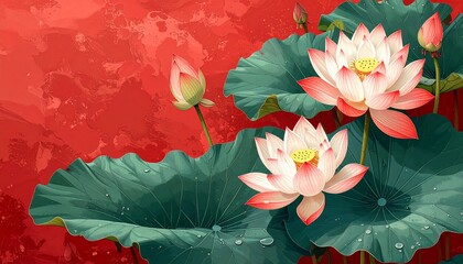Beautiful pink lotus flowers with green leaves on red background