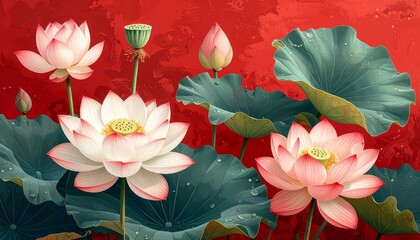 Vibrant pink lotus flowers against bold red background