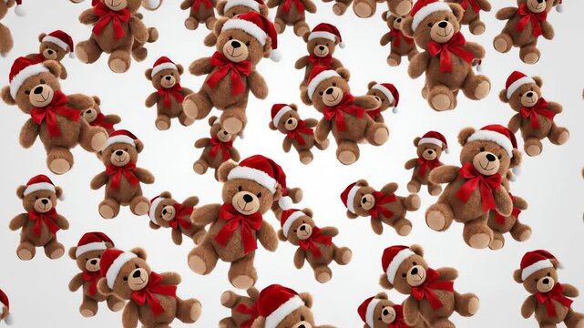 Multiple adorable festive teddy bears with Santa hats and red bows gently float and rain down against a clean bright white background creating a playful pattern loop white, graphics, toy