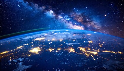 Stunning view of Earth from space with vibrant city lights and Milky Way galaxy