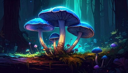 Glowing blue mushrooms in a mystical forest at night