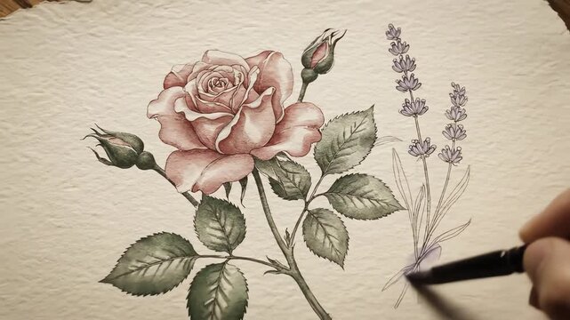 Muted and sophisticated animation where delicate sketched botanical outlines are seamlessly filled with subtle, light vintage watercolor washes in a continuous loop wallpaper, seamlessly filled