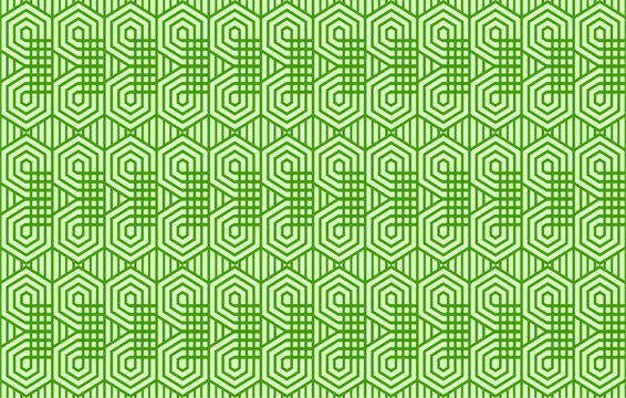 Pola geometris tanpa sambungan dengan garis panah labirin heksagon hijau. Latar belakang abstrak modern minimalis.
