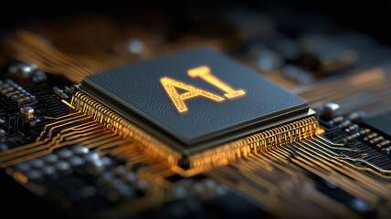 An AI processor embedded in a circuit board to symbolize artificial intelligence computing power digital evolution and advanced technological capability.
