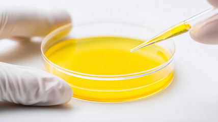 A laboratory petri dish with a yellow solution being handled with a pipette to represent scientific testing and analytical research.
