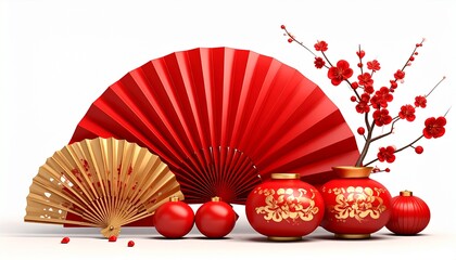 Vibrant red Chinese New Year decorations with gold accents and blossoms