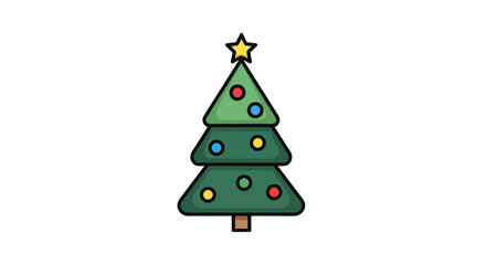 Cartoon Christmas Tree with Star and Colorful Ornaments.