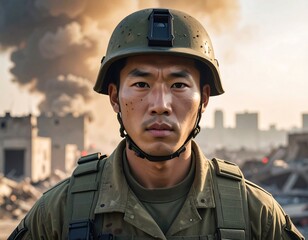 Portrait of a soldier, focused, amidst rubble, war-torn backdrop