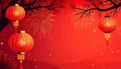 Vibrant Chinese New Year celebration with red lanterns and fireworks
