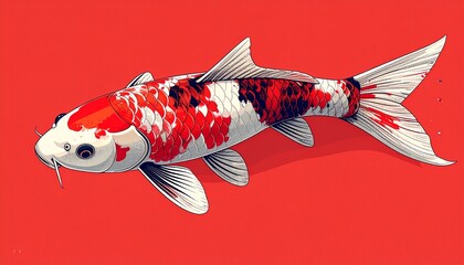 Vibrant koi fish swimming in red water with white and orange scales