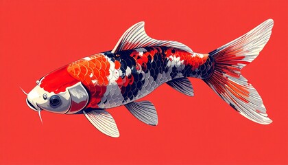 Vibrant koi fish swimming in bold red water