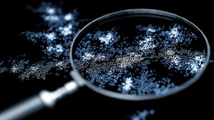 A magnifying glass examining a digital map of data clusters to represent analytical insight, information distribution and pattern recognition.
